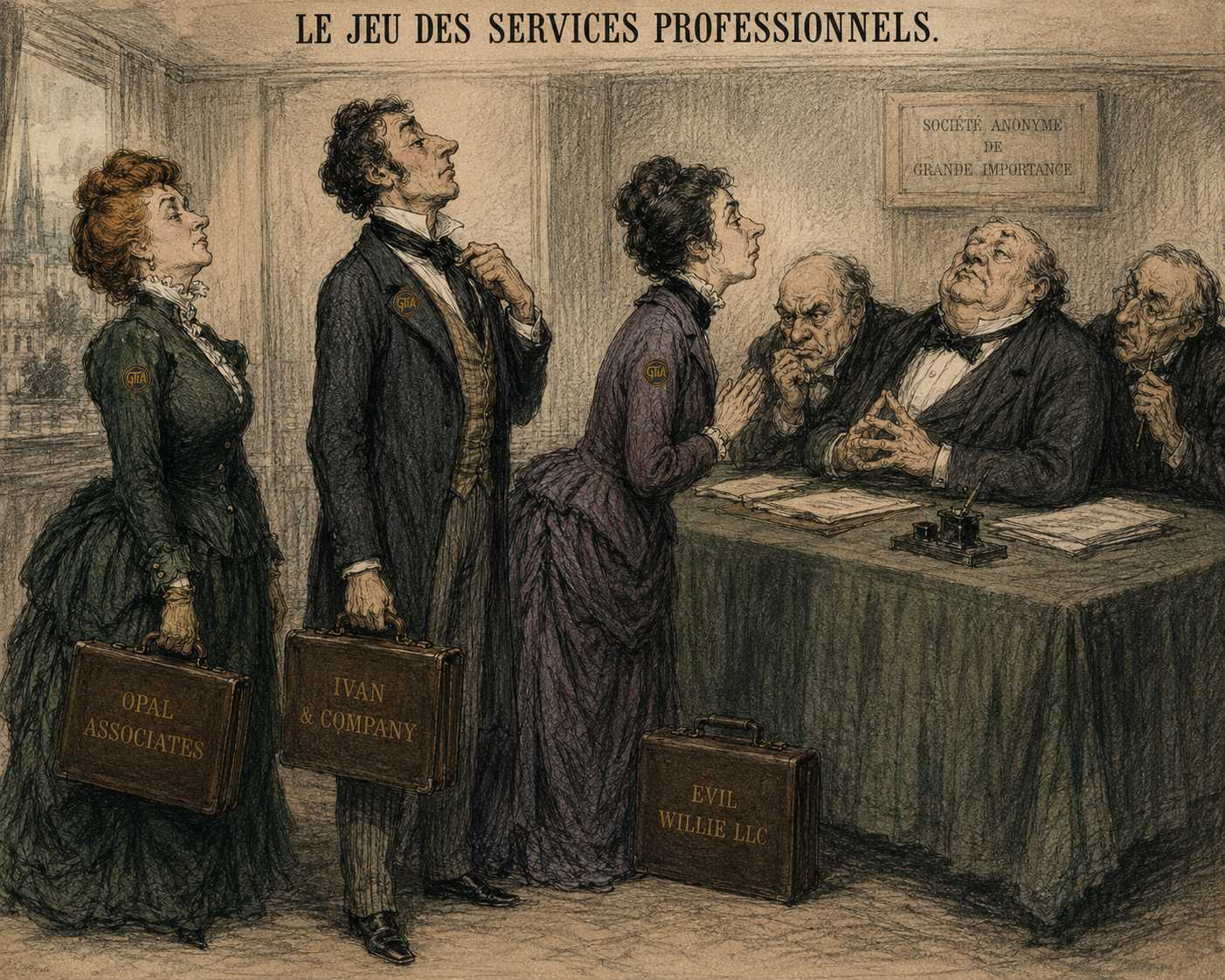 Clients and professional services firms negotiating over bids in the Professional Services Game